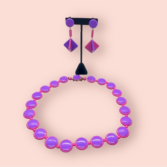 Retro Necklace & Earrings Pink & Purple Jewelry Set - Picture 1 of 11